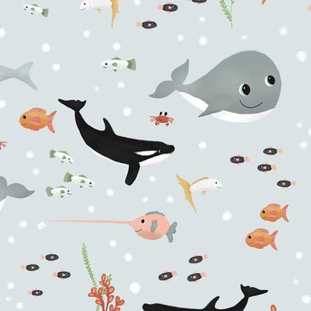Cute ocean pattern, with whales, fish and other sea life